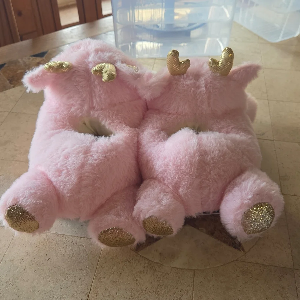 Pink Plush Deer Stuffed Animal Slippers - Gold Accent Cute Plush